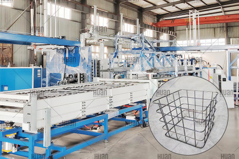 Industrial automatic welding machine manufacturing strong steel frames for asphalt packaging in a factory setting